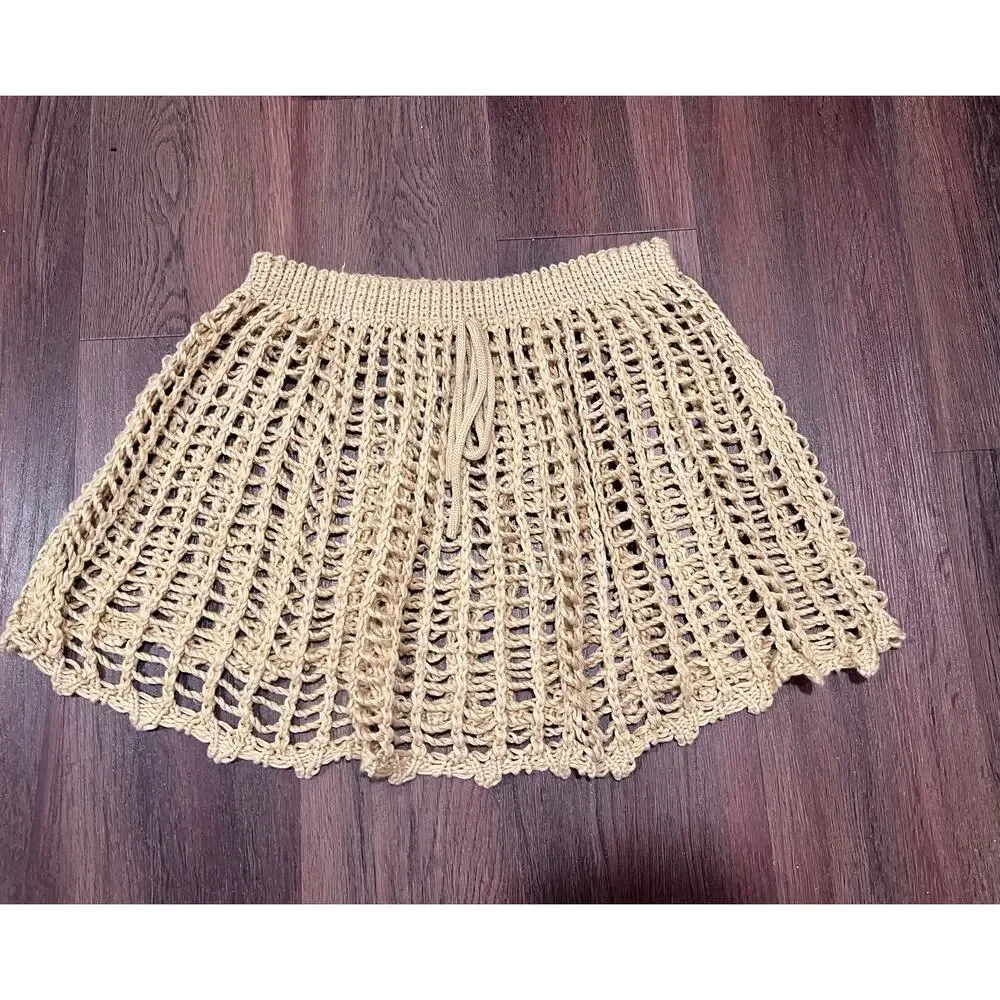 Crochet Hand Made Beige Mini Skirt Knit Cover Up Swim Drawstring Net Skirt Boho